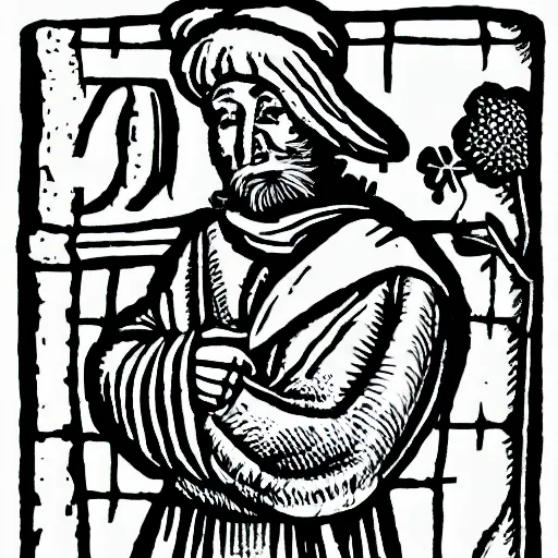 Prompt: peasant speaks on iphone. medieval engraving style