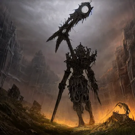 Prompt: Ultrawide Photo of a futile human approaching a giant sentinel king wielding a mythical blade in the abandoned ruins, terror, hysterical, horrifying, digital art, destruction, the void, ominous, crown, fear, very detailed, evil, trending on artstation, intricate details, high definition, 16k, Artstation, by John Wallin Libert