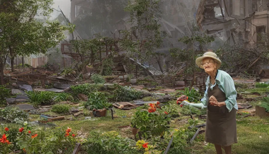 Image similar to old lady working in a craft garden in washington dc's ruins, vegetation, collapsed buildings, debris, cloudy day, volumetric light, hyperdetailed, artstation, cgsociety, 8 k