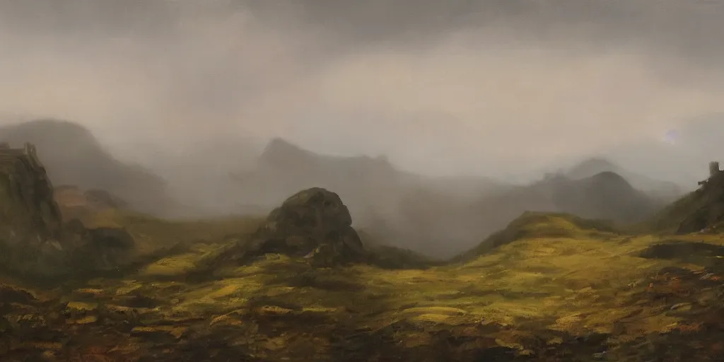 Prompt: painting of rocky highlands covered in mist with a ruined castle in the far distance, overcast sky, muted colors