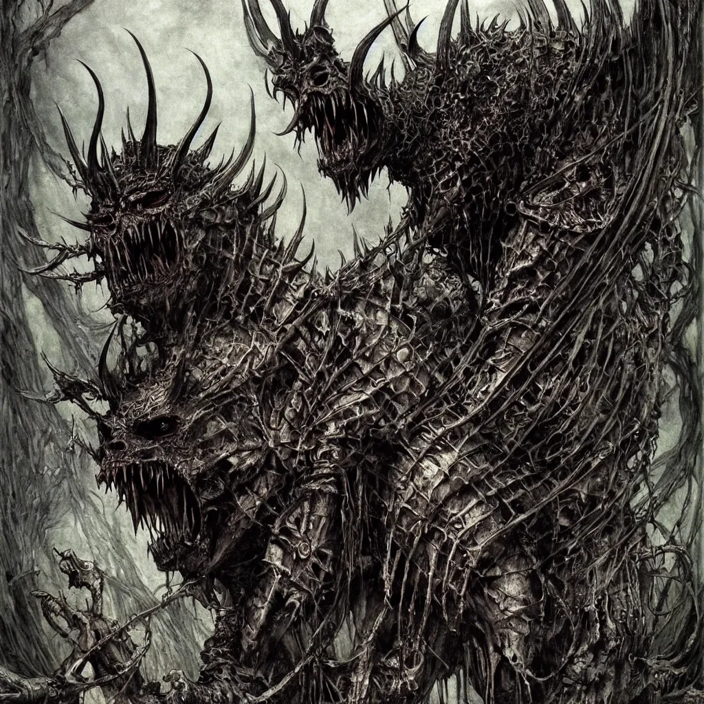 Prompt: a creepy armored horned fanged demon with black scarred skin wrapped in barbed wire. extremely high detail, realistic, fantasy art, solo, bones, masterpiece, saturated colors, tangled, ripped flesh, art by arthur rackham, dariusz zawadzki. black metal cover art