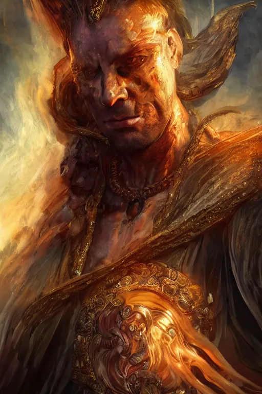 Prompt: fantasy character concept portrait, digital painting, wallpaper of a spirit with skin of obsidian, with veins of magma and gold, renaissance nimbus overhead, by aleksi briclot, by laura zalenga, by alexander holllow fedosav, 8 k dop dof hdr, vibrant