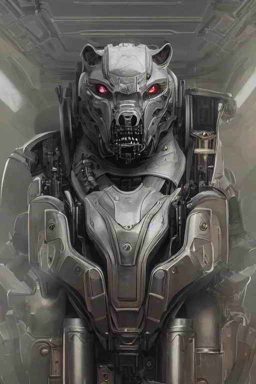 Image similar to portrait painting of a cybernetic grey werewolf with power armor, ultra realistic, concept art, intricate details, eerie, highly detailed, photorealistic, octane render, 8 k, unreal engine. art by artgerm and greg rutkowski and alphonse mucha