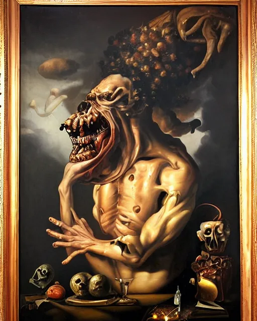 Image similar to refined gorgeous blended oil painting with black background by christian rex van minnen rachel ruysch dali todd schorr of a chiaroscuro portrait of an extremely bizarre disturbing mutated man with shiny skin acne dutch golden age vanitas intense chiaroscuro cast shadows obscuring features dramatic lighting perfect composition masterpiece