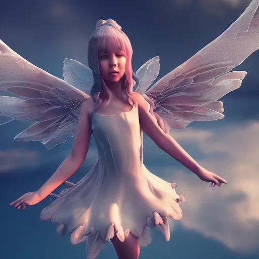 Image similar to angel fairy flying away from the camera, award winning trending on artstation unreal engine