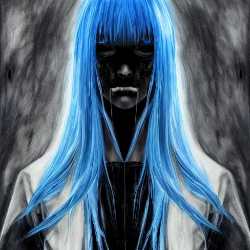 Prompt: high contrast photo of rimuru tempest, sky blue straight hair, bangs, with amber eyes, wearing a black jacket, high collar, ultra detailed, brush strokes, skin texture, digital painting, cinematic, wlop, pixiv, eerie, scary, intimidating glare, evil, junji ito, yoshitaka amano