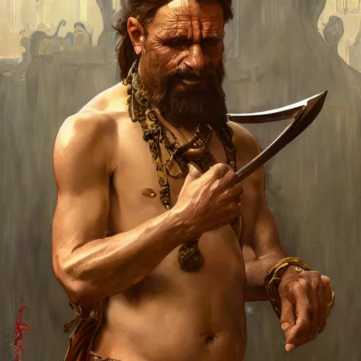 Image similar to a scrappy bronze age thief man, ancient mesopotamia, hiding, opportunistic expression, sword and sandal character portrait by nasreddine dinet ilya kuvshinov, craig mullins, edgar maxence, alphonse mucha