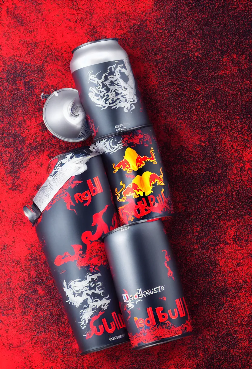 Prompt: one giant aluminium can of a dragon-flavored energy drink, in the style of Red Bull, professional studio photography, black sand and red lava background, packshot