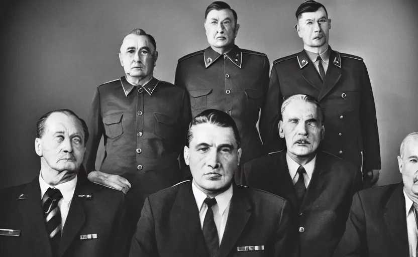 Image similar to 50s movie still close-up portrait of three individual elder soviet generals with very diverses faces in a stalinist style hall, by Irving Penn, Cinestill 800t 50mm black and white, heavy grainy picture, very detailed, high quality, 4k, HD criterion, precise texture, facial precision, diverse haircuts, diverse ages, each faces precisely define