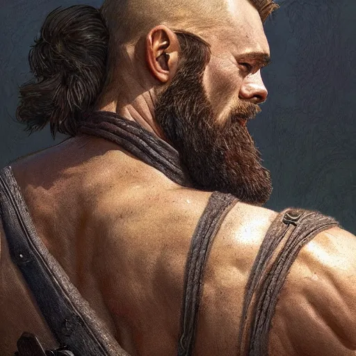 Prompt: back portrait of a rugged ranger, upper body, hairy, D&D, fantasy, intricate, elegant, highly detailed, digital painting, artstation, concept art, matte, sharp focus, illustration, art by Artgerm and Greg Rutkowski and Alphonse Mucha