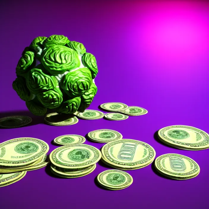 Image similar to high quality 3 d render very cute cabbages money dollar! party! highly detailed, unreal engine cinematic smooth, moody purple glow light, low angle, uhd 8 k, sharp focus