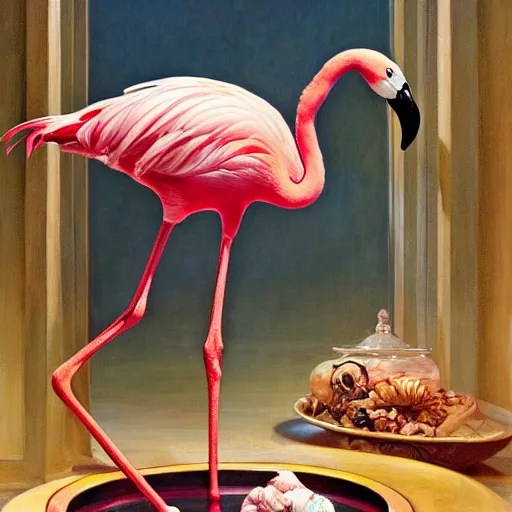 Image similar to a flamingo as a bowl of cereal, detailed, centered, digital painting, artstation, concept art, donato giancola, joseph christian leyendecker, wlop, boris vallejo, breathtaking, 8 k resolution, extremely detailed, beautiful, establishing shot, artistic, hyperrealistic, beautiful face, octane render, cinematic lighting, dramatic lighting, masterpiece