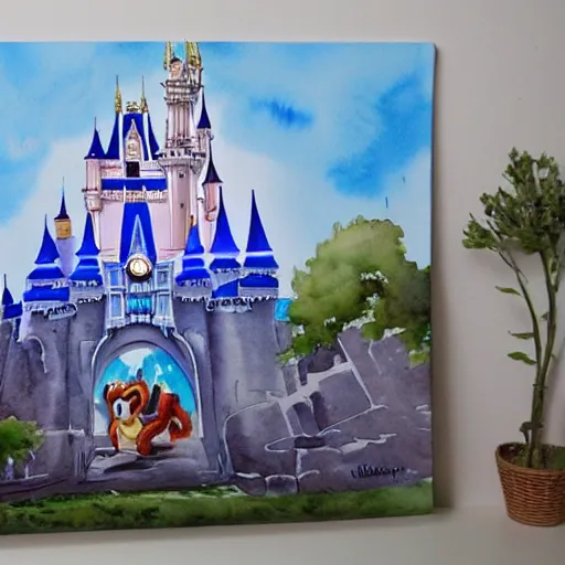 Image similar to a beautiful watercolour painting of the disney castle on a white canvas background, ultra detailed