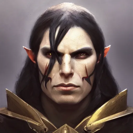 Prompt: character design, portrait of a attractive half elf half orc male with long black hair and proeminent cheekbones, medieval, dark tribal armor, painting by wlop, nixeu and greg rutkowski, beautiful, cgsociety, semirealism, artstation, octane render, sharpness, 8 k, golden ratio
