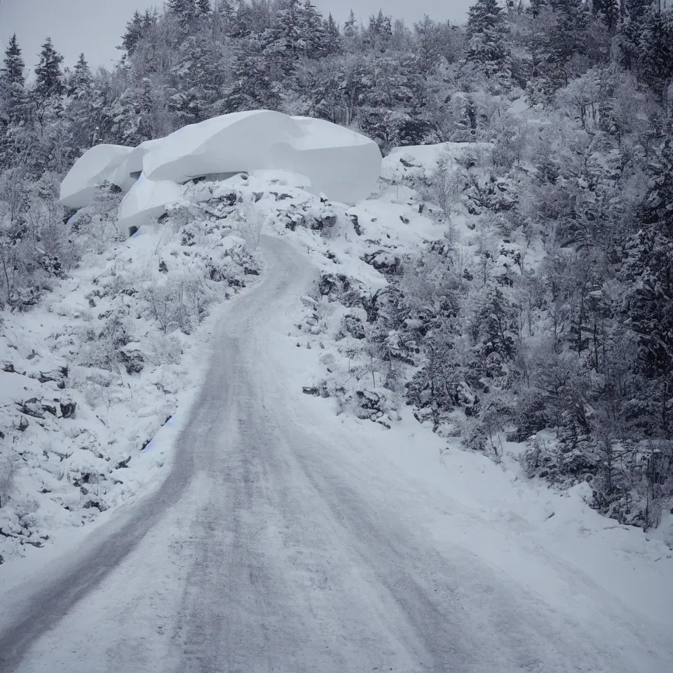 Image similar to a road leading to a mid-century modern house with large windows on top of a cliff in the arctic, covered with snow, designed by Frank Gehry. Big tiles. Film grain, cinematic, yellow hue