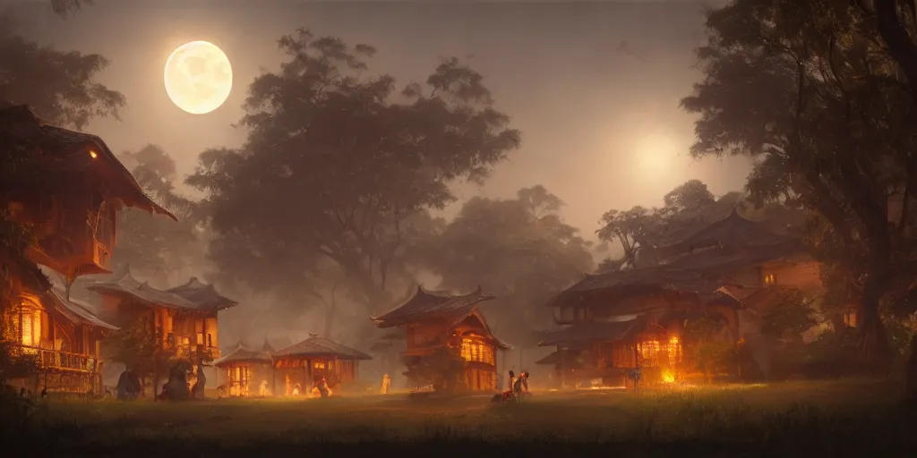 Image similar to moonlit kerala village, sharp focus, wide shot, trending on ArtStation, masterpiece, by Greg Rutkowski, by Ross Tran, by Fenghua Zhong, octane, soft render, ultrarealistic, colorful, cinematic, horizon forbidden west