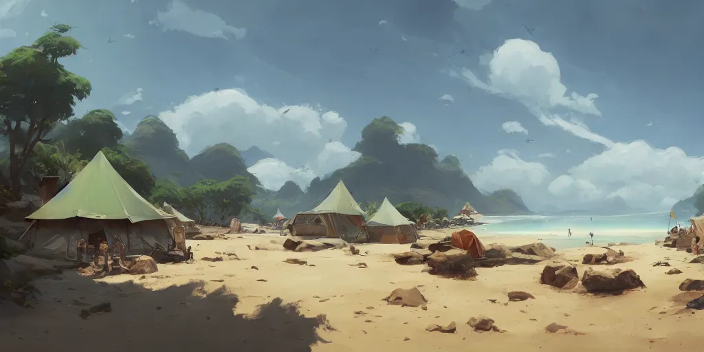 Image similar to Small camp with tents at the pristine beach. In style of Greg Rutkowski, Jesper Ejsing, Makoto Shinkai, trending on ArtStation, fantasy, great composition, concept art, highly detailed, scenery, 8K, Behance.