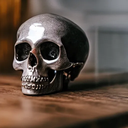 Prompt: glass skull laying on a wooden table