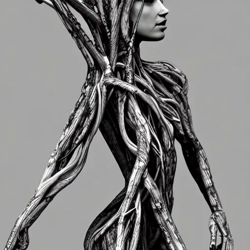 Image similar to digital art, Abstract art, humain female body made of roots, intricate roots, trending on artstation, -640