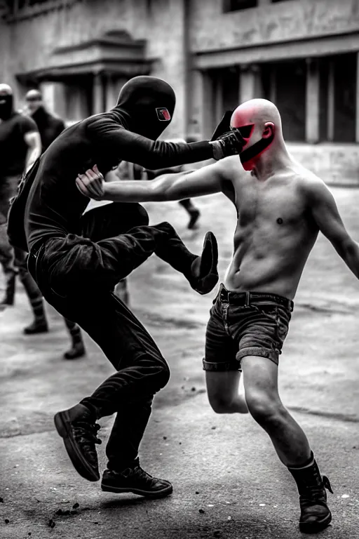 Image similar to nazi skinhead fight with masked antifa, high resolution, photorealistic, smooth, details, 4 k, aesthetic lighting, baroque object, sharp focus, hyperdetailed object, professional photography, pullitzer winning, 8 0 0 photo by : canon eos 5 d mark iv, by karah mew and adnan abidi and jodie bateman