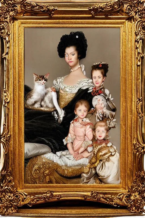 Prompt: a portrait of a royal cat and his family, on an embroidered velvet cushion on a neo - rococo gilded little bed, by yousuf karsh, photorealistic, photography, wide shot