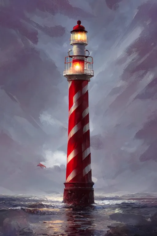 Prompt: a red and white lighthouse inside a clear bottle, very fancy whiskey bottle, intricate concept painting by by eddie mendoza and ross tran and craig mullins