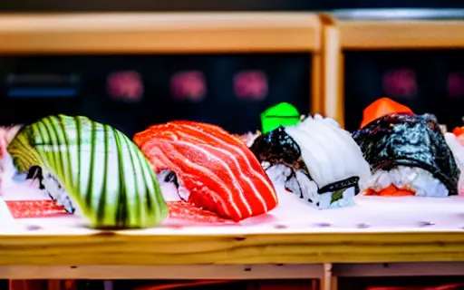 Image similar to A small wooden stand selling sushi stands in a large supermarket that sells groceries, cinematic lighting, commercial photography