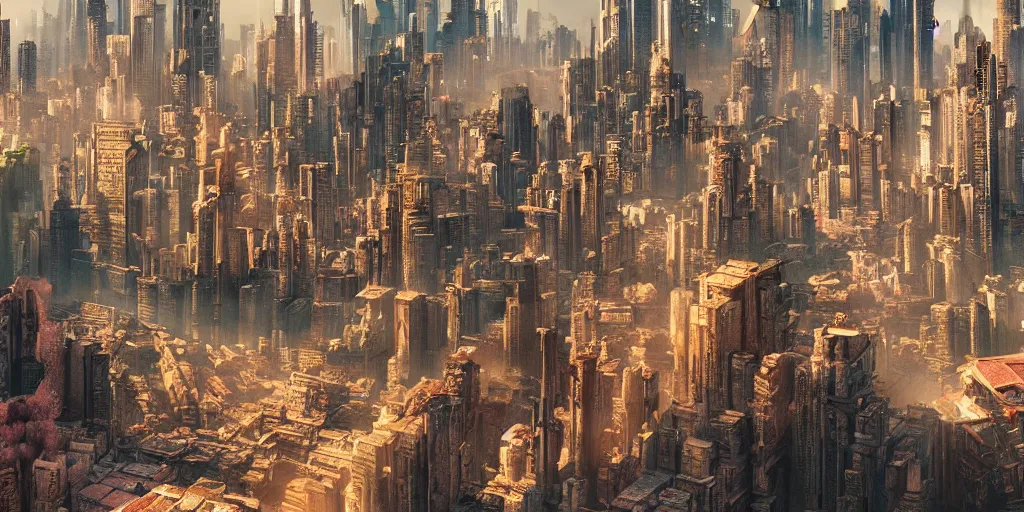 Image similar to a very high resolution image from a new movie, upside - down old temple and cyberpunk city, beautiful scenery, photorealistic, photography, directed by wes anderson