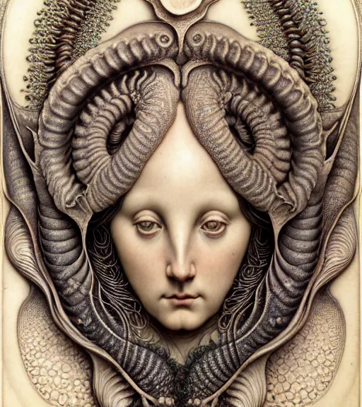 Image similar to detailed realistic beautiful nautilus goddess face portrait by jean delville, gustave dore, iris van herpen and marco mazzoni, art forms of nature by ernst haeckel, art nouveau, symbolist, visionary, gothic, neo - gothic, pre - raphaelite, fractal lace, intricate alien botanicals, biodiversity, surreality, hyperdetailed ultrasharp octane render