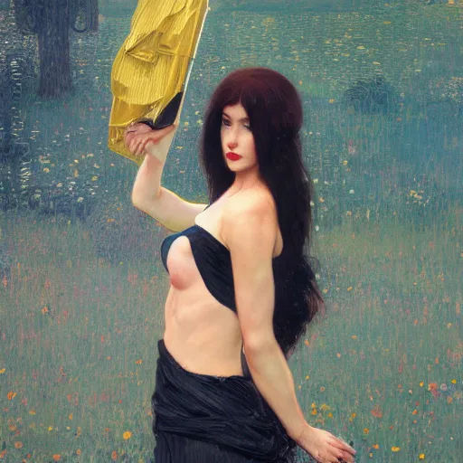 Image similar to modern woman | hyperrealistic | action pose | digital painting | trending on artstation | pinup portrait | clean | illustration | dressed | Unreal Engine 5 | 8k resolution | by Greg Rutkowski Gustav Klimt, J.W. Waterhouse and Mel Ramos