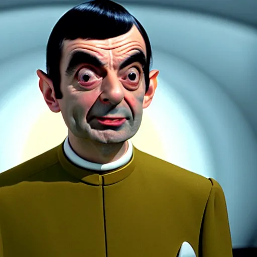 Image similar to mr. bean as mr. spock from star treck. movie still. cinematic lighting.