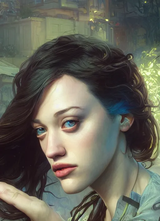 Image similar to Hyper realistic detailed portrait of Kat Dennings, Stephen Bliss, unreal engine, fantasy art by Greg Rutkowski, Loish, Rhads, ferdinand knab, Makoto Shinkai and Lois van baarle, ilya kuvshinov, rossdraws, Tom Bagshaw, alphonse mucha, global illumination, radiant light, detailed and intricate environment, highly detailed, award winning art