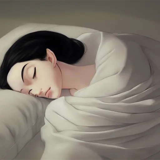 Prompt: little girl with an long black hair dressed in a simple white dress sleeping, anime art style, digital art ilya kuvshinov, inspired by balthus, hd, 4 k, hyper detailed, top view, dark