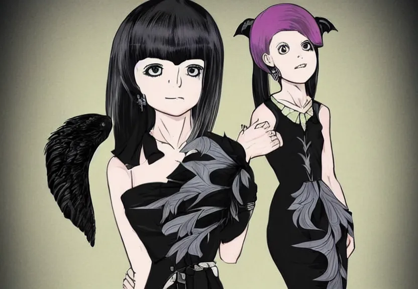 Image similar to beautiful little girl with a short black haircut wearing a dress made of black feathers, artwork in jojo bizarre adventure art style, anatomically perfect