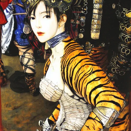 Image similar to 8k Yoshitaka Amano painting of upper body of a young cool looking slim tigress tiger beast-girl at a medieval market at windy day. Depth of field. She is wearing leather armor. Renaissance style lighting