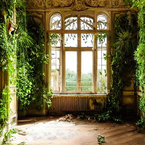 Image similar to a dream about inside opulent abandoned overgrown Palace of Versailles, lush plants growing through the floors and walls, walls are covered with vines, beautiful, dusty, golden volumetric light shines through giant broken windows, rich with epic details and dreamy atmosphere