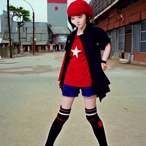 Prompt: 1 5 - year - old french anime girl, black beret with red star, black t - shirt with red star, black shorts, rollerblading, rollerskates, cel - shading, 2 0 0 1 anime, flcl, jet set radio future, golden hour, japanese town, cel - shaded, strong shadows, vivid hues, y 2 k aesthetic