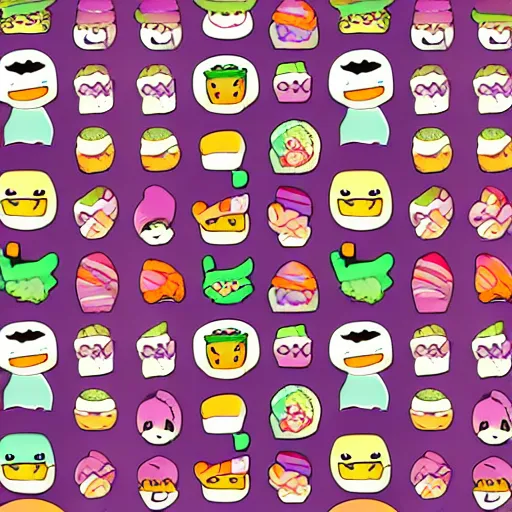 Prompt: kawaii sushi food character japanese mascot. Pastel tones. cartoon anime repeating pattern