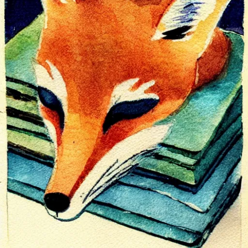 Image similar to a fox sleeping on a pile of books, watercolors from 1 9 2 0