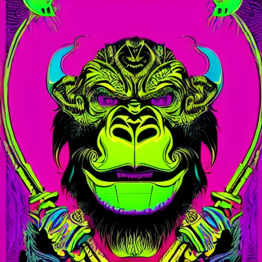 Image similar to barong family member, wiwek, mara demon, one single tribe member, jungle, one single mask, dark, ancient warrior, yellow green gorilla, lizard, tribal, fists visible, background hot pink violet blue, inner glow, art by dan mumford and justin gerard