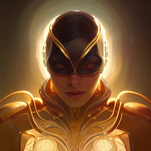 Image similar to superhero, sci fi, glowing eyes, volumetric lights, gold theme, art nouveau botanicals, intricate, highly detailed, digital painting, artstation, concept art, smooth, sharp focus, cinematic, illustration, beautiful face, art by artgerm and greg rutkowski and alphonse mucha