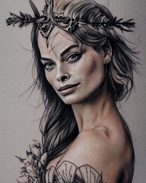 Image similar to realism tattoo sketch of margot robbie as a beautiful greek goddess aphrodite with piercing eyes wearing a laurel wreath and triangle earrings, in the style of greg rutkowski, amazing detail, side view