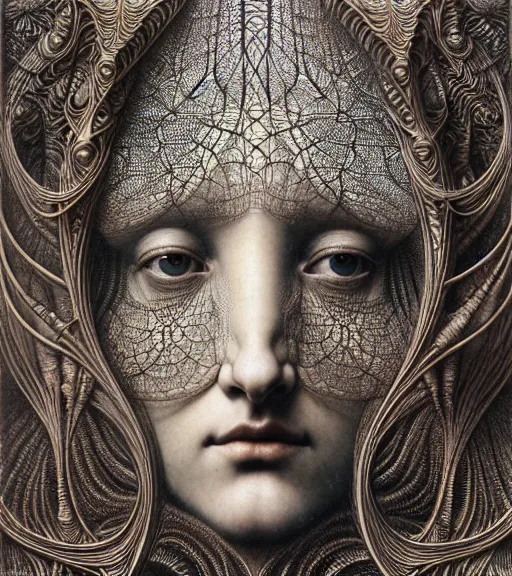 Image similar to detailed realistic beautiful goddess face portrait by jean delville, gustave dore, iris van herpen and marco mazzoni, art forms of nature by ernst haeckel, art nouveau, symbolist, visionary, gothic, neo - gothic, pre - raphaelite, fractal lace, intricate alien botanicals, ai biodiversity, surreality, hyperdetailed ultrasharp octane render