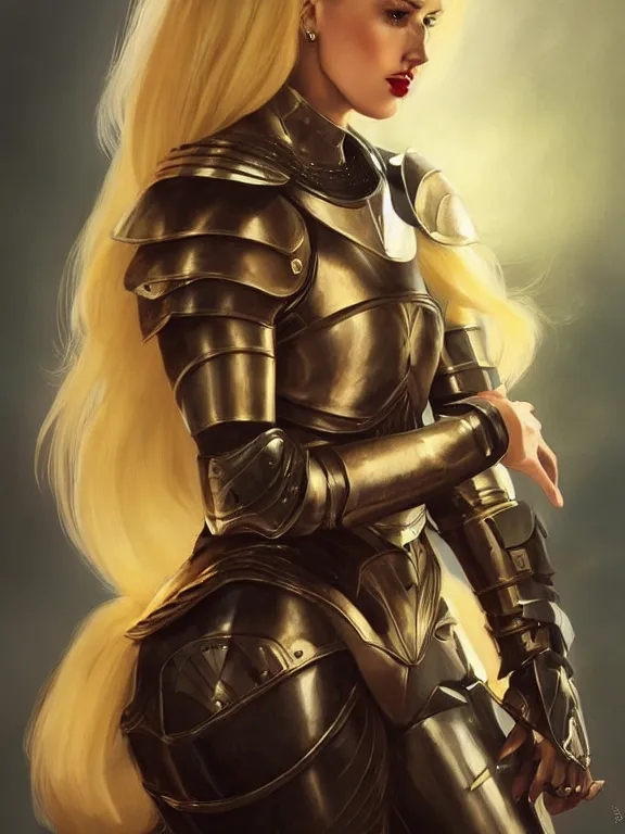 Prompt: pin - up portrait of a female knight, gorgeous, skintight leather armor, long yellow hair, brown eyes, white skin, derriere pose, fantasy, highly detailed, realistic, illustration, artgerm, joshua middleton, greg rutkowski
