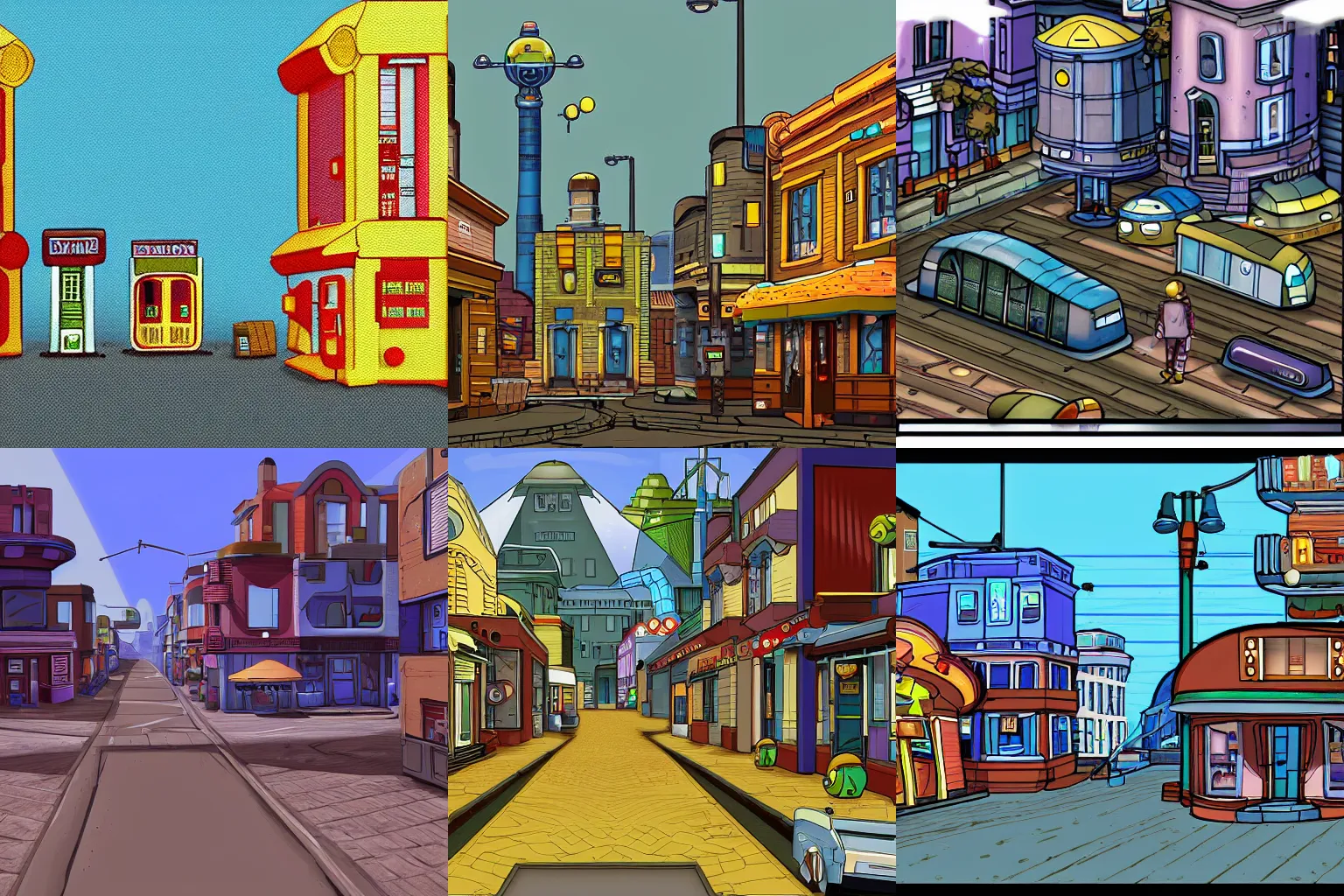 Prompt: main street of a small town on an alien planet, the building are made from modular capsules, from a space themed point and click 2D graphic adventure game, made in 1999, high quality graphics