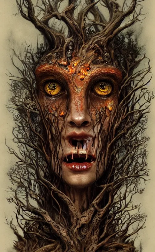 Image similar to portrait of a rotten tree spirit dryad with a beautiful face and flaming mouth and eyes, intricate, headshot, mushrooms, fungi, lichen, sketch lines, graphite texture, old parchment, guillermo del toro concept art, justin gerard monsters, intricate ink illustration, artstation