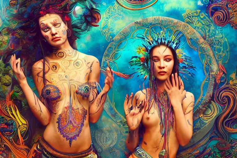 Prompt: a centered full body photo of alluring festival hippies with tribal paintings surrounded by a underwater ink pour and flowing liquid galium and sacred geometry, perfect face, powerful, cinematic, beautifully lit, by artgerm, by karol bak, by viktoria gavrilenko, 3 d, trending on artstation, octane render, 8 k