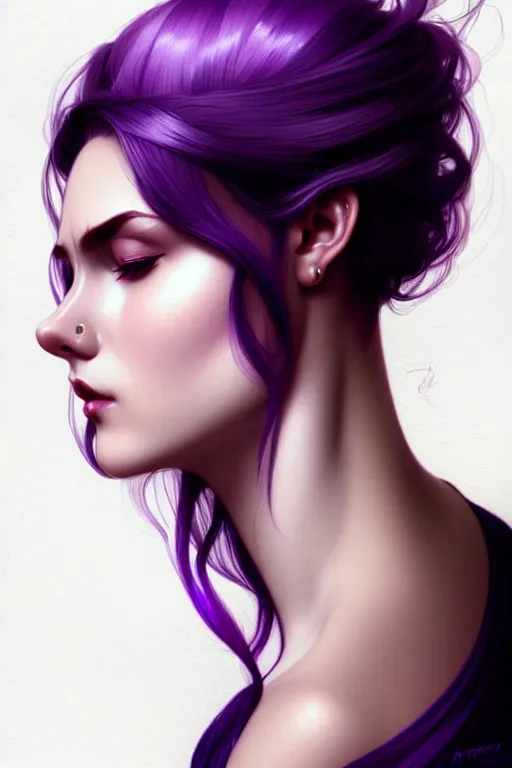 Image similar to Purple hair, creative colouring Portrait of woman face profile, fashion, colored strands of hair, intricate, elegant, highly detailed, digital painting, artstation, concept art, smooth, sharp focus, illustration, art by artgerm and greg rutkowski and alphonse mucha