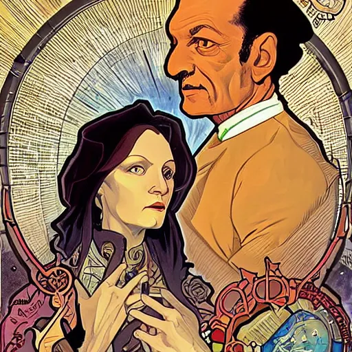 Prompt: detailed portrait of Garak and Doctor Bashir from Deep Space 9, by Alphonse Mucha and Dan Mumford