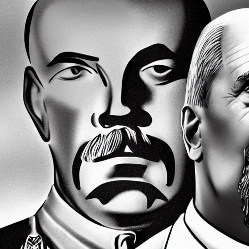 Image similar to lgbt art, tom of finland style, vladimir lenin, with stalin, in billy herrington body, art in 4 k, high quality